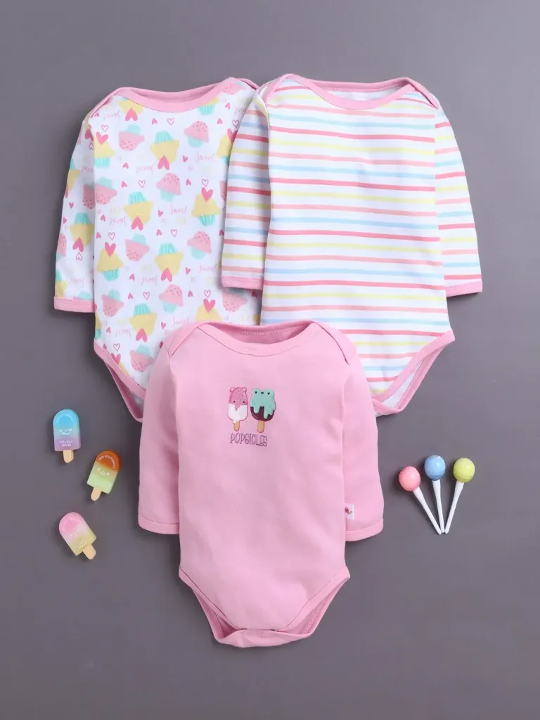 Baby Girls Full Sleeves Cotton Bodysuit Pack of 3 (0-6M)