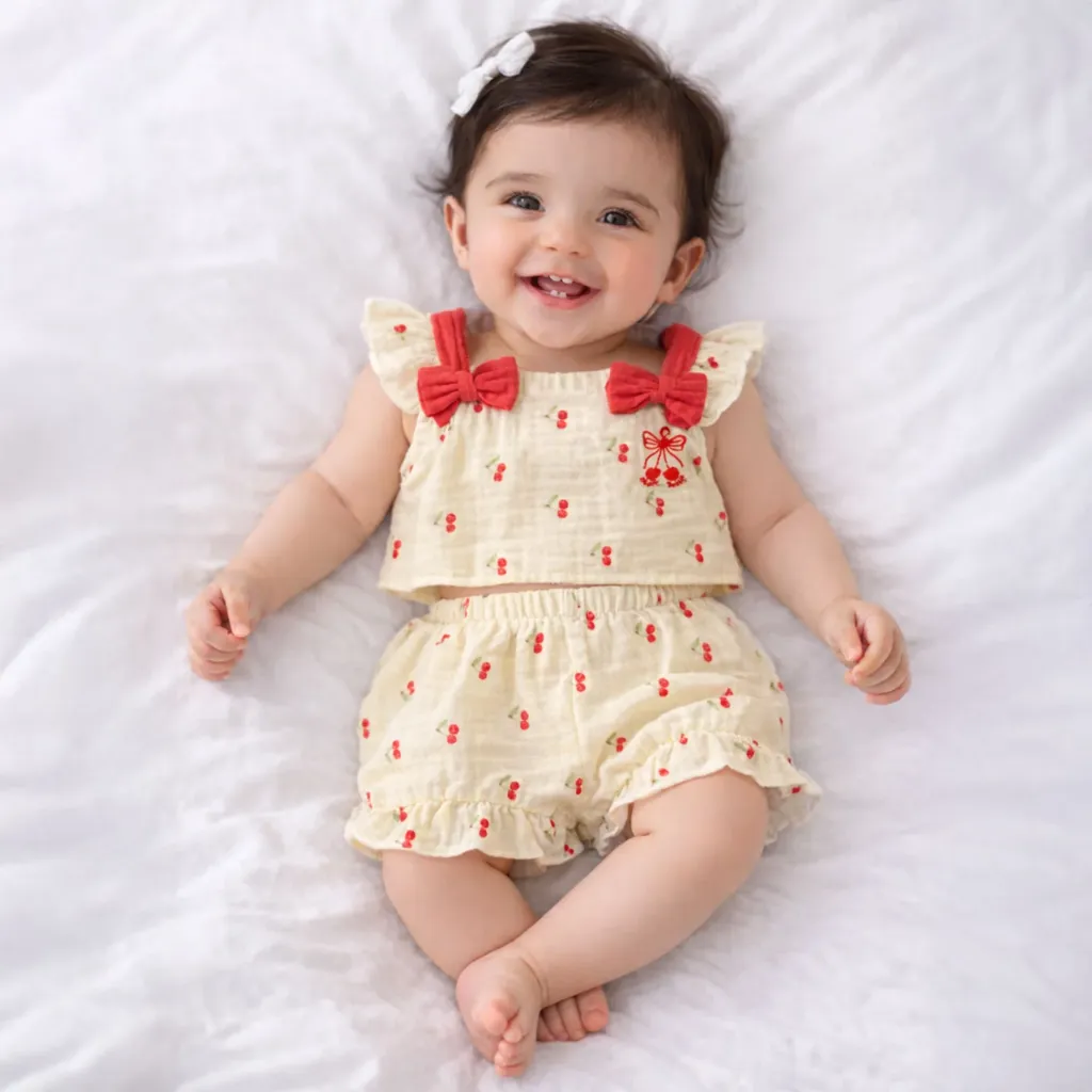 Baby Girl Co ord Set Light Yellow Cherry Print (0-6M)