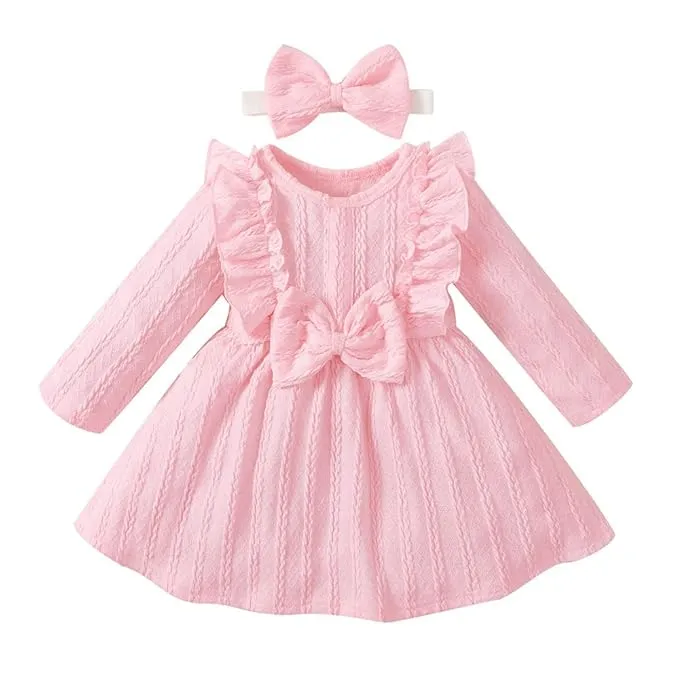 Girl's Full Sleeve Knee-Length Casual Dress Pink