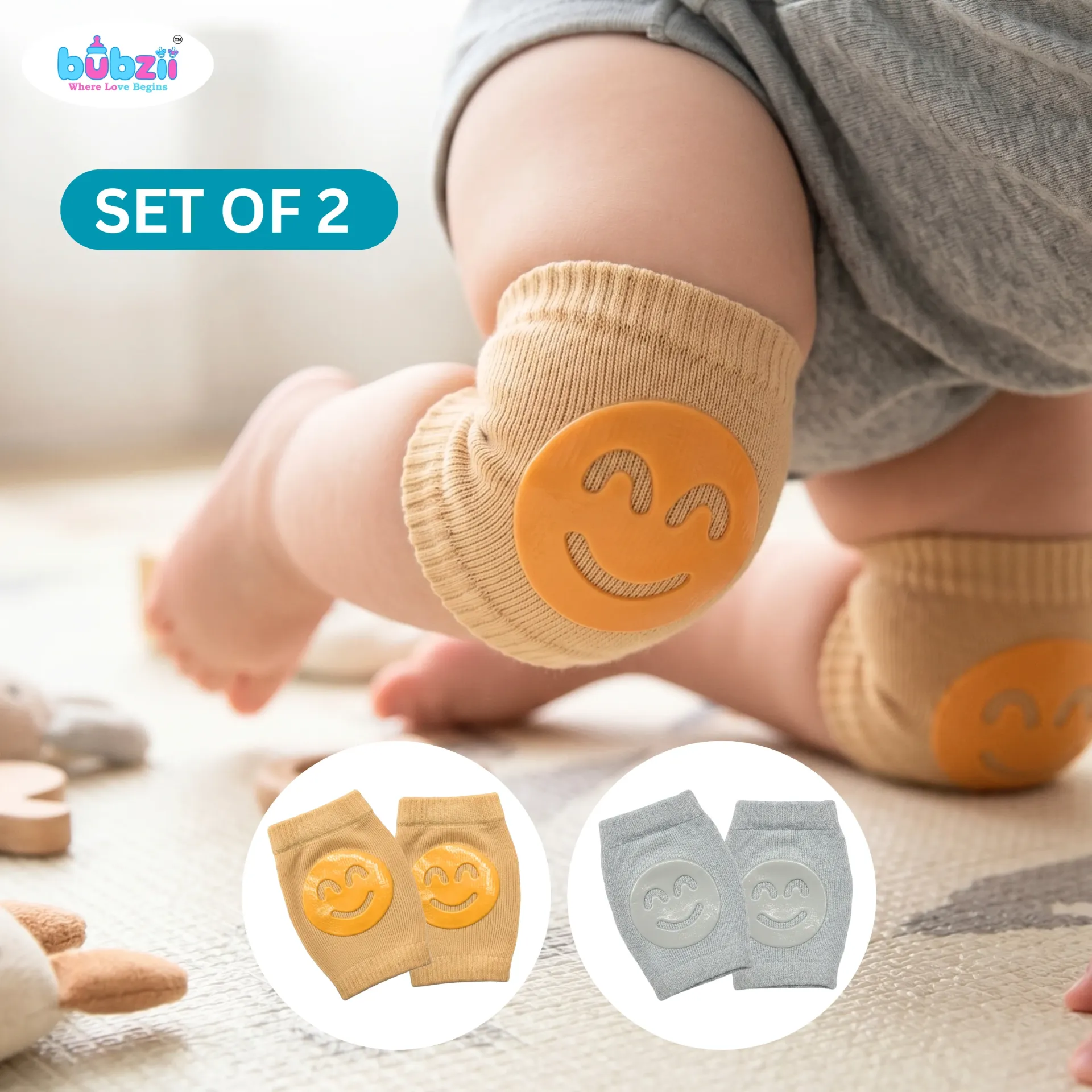 Baby Crawling Knee Pads 0-12M - Mustard & Grey
