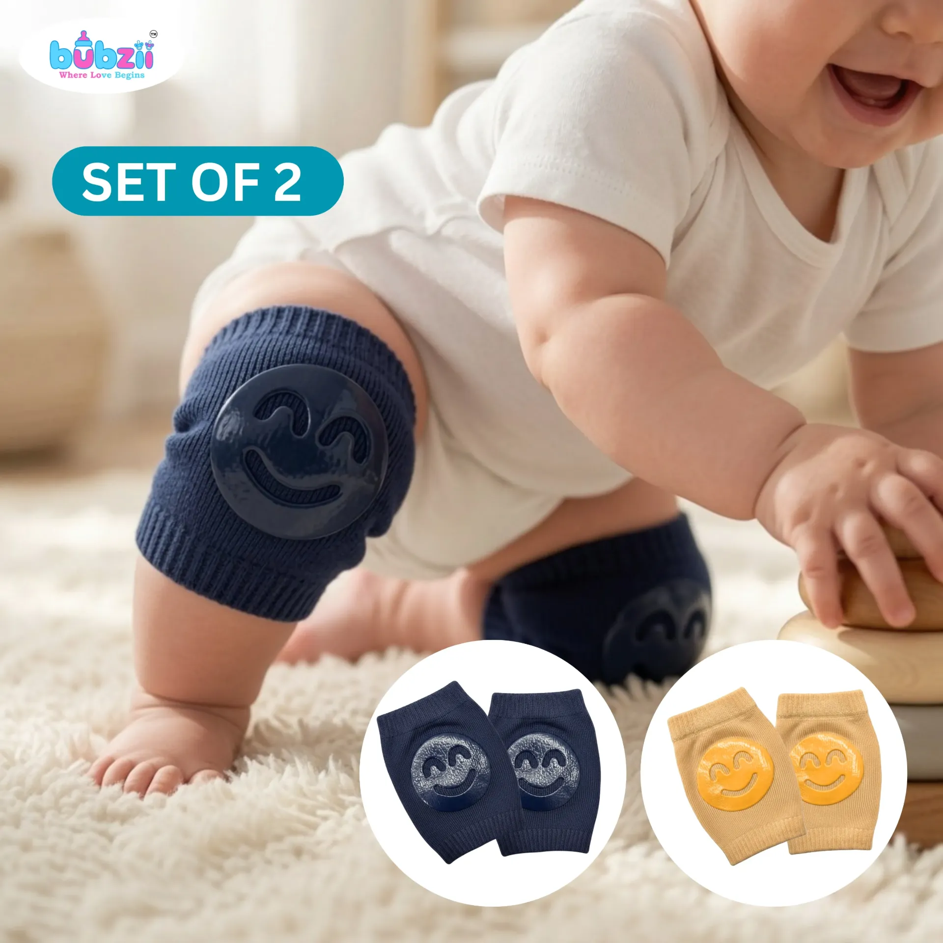 Baby Crawling Knee Pads 0-12M - Navy Blue & Mustard