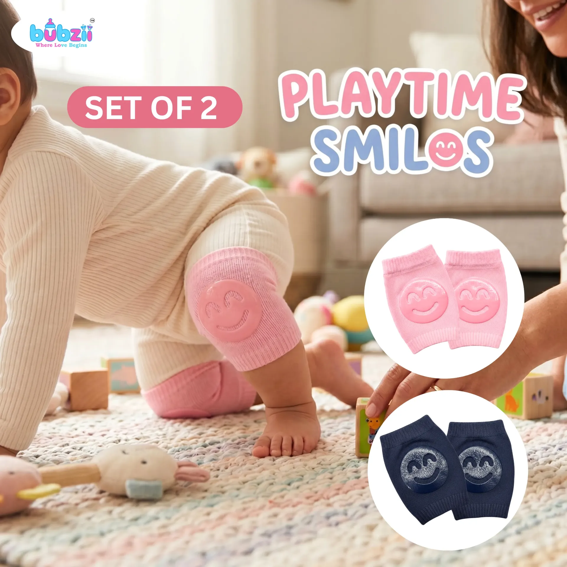 [BB-KP-007] Baby Crawling Knee Pads 0-12M - Pink & Navy Blue