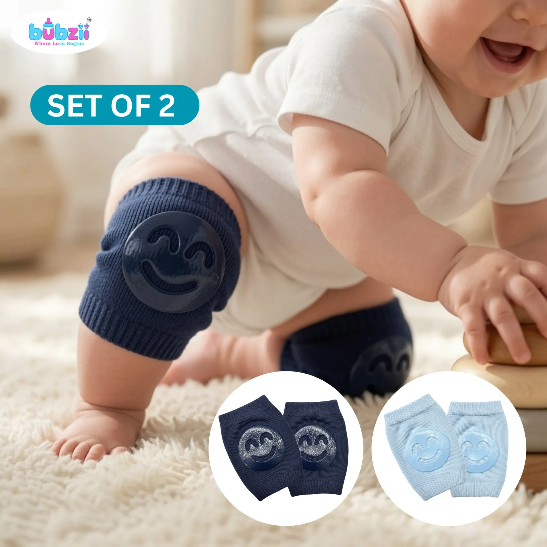 Baby Crawling Knee Pads 0-12M - Navy Blue & Sky Blue