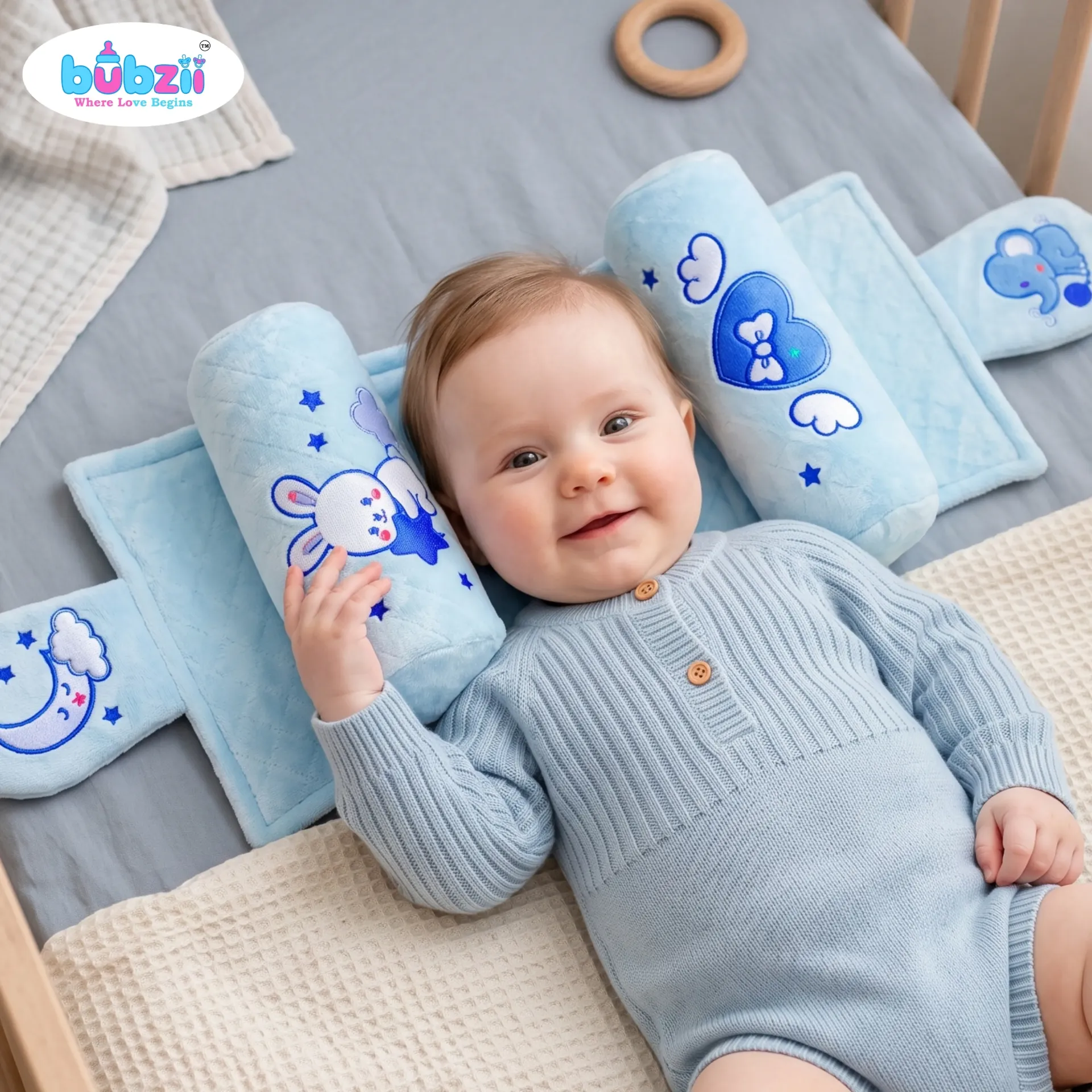 Blue Bunny & Heart Bolster