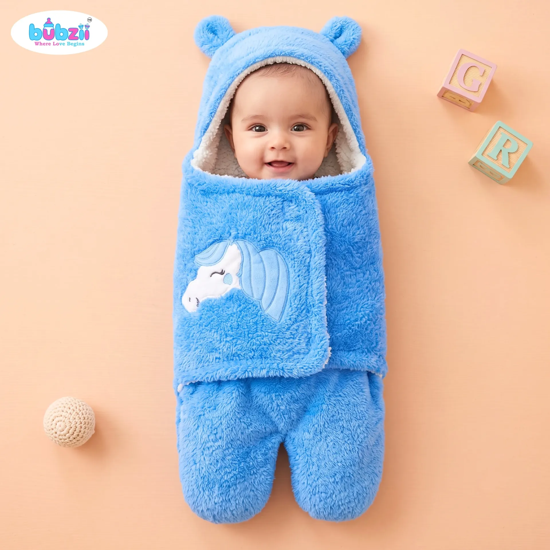 Baby Hooded Swaddle Wrap, Blue Unicorn Design