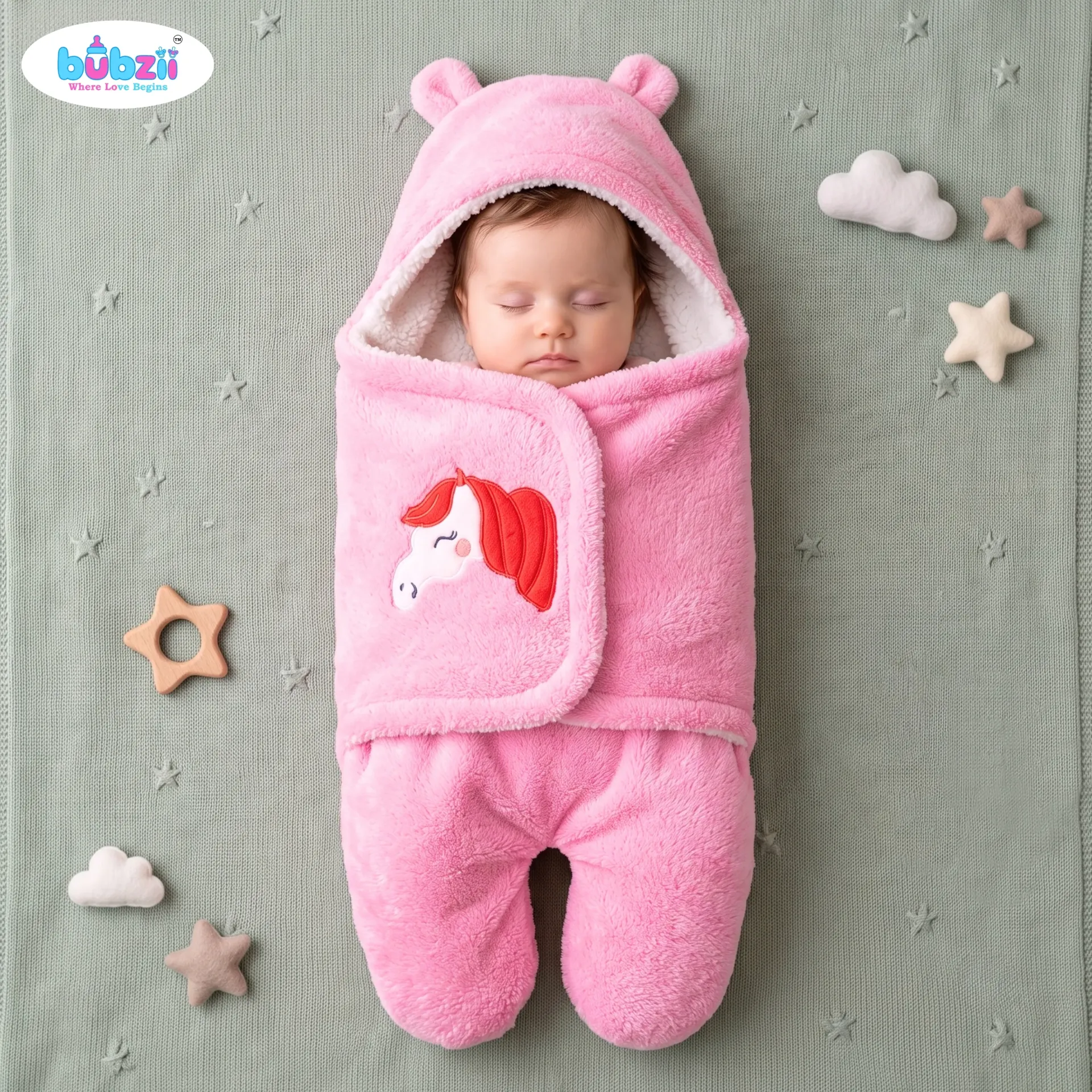 Baby Hooded Swaddle Wrap, Pink Unicorn Design