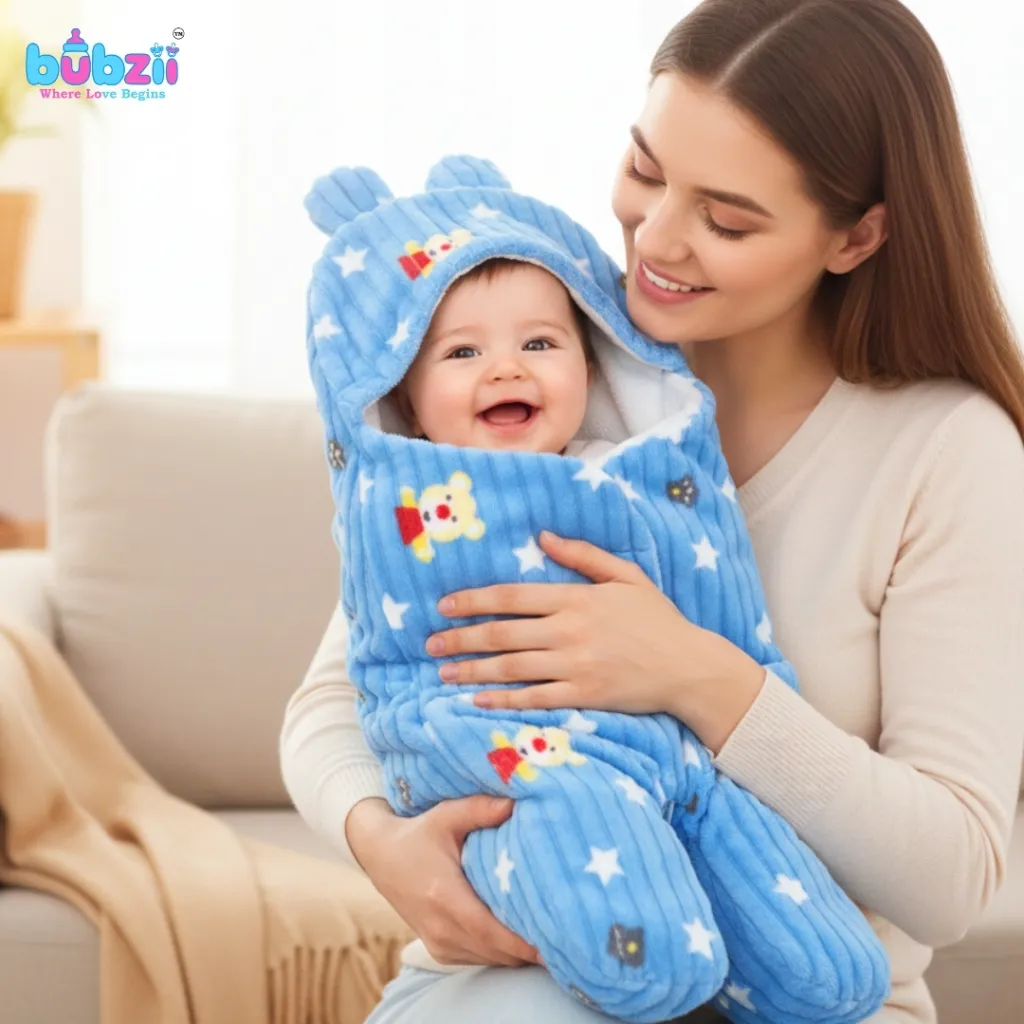 [BB-SD-002] Baby Velvet Swaddle Quilted Hooded Wrapper Sky Blue